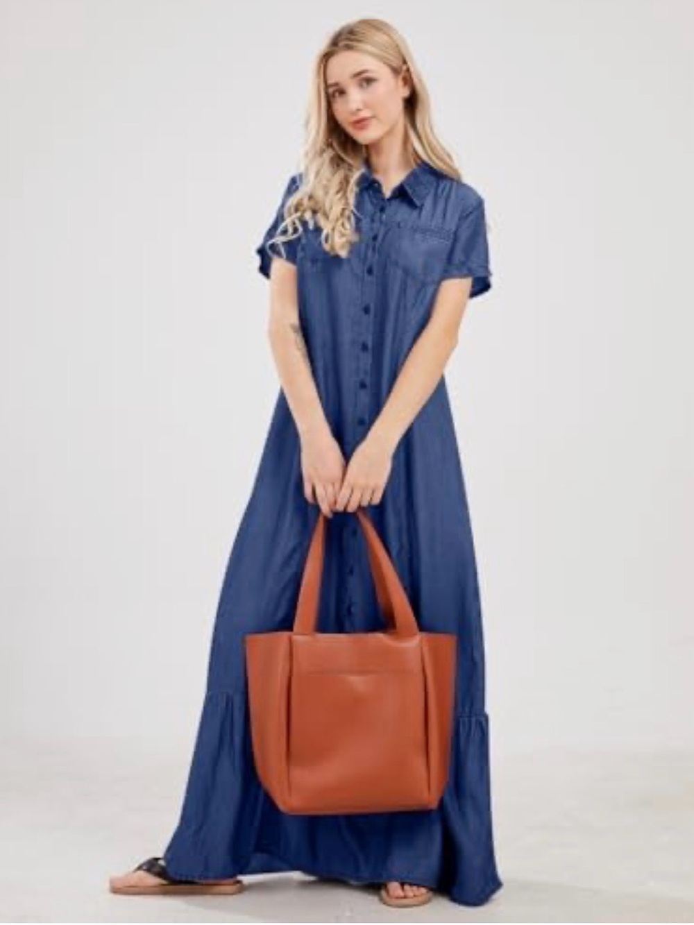 utcoco Womens Short Sleeve Denim Maxi Dress
